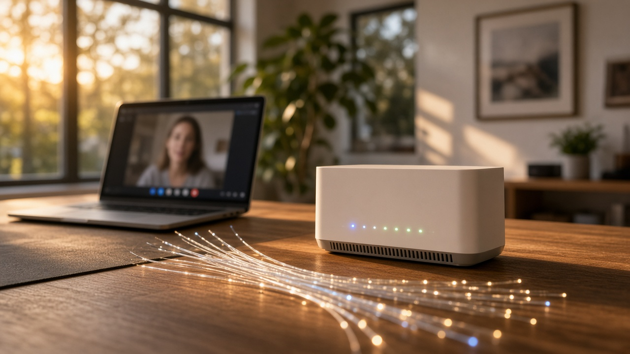 Family home office with a fiber gateway on a desk at dusk