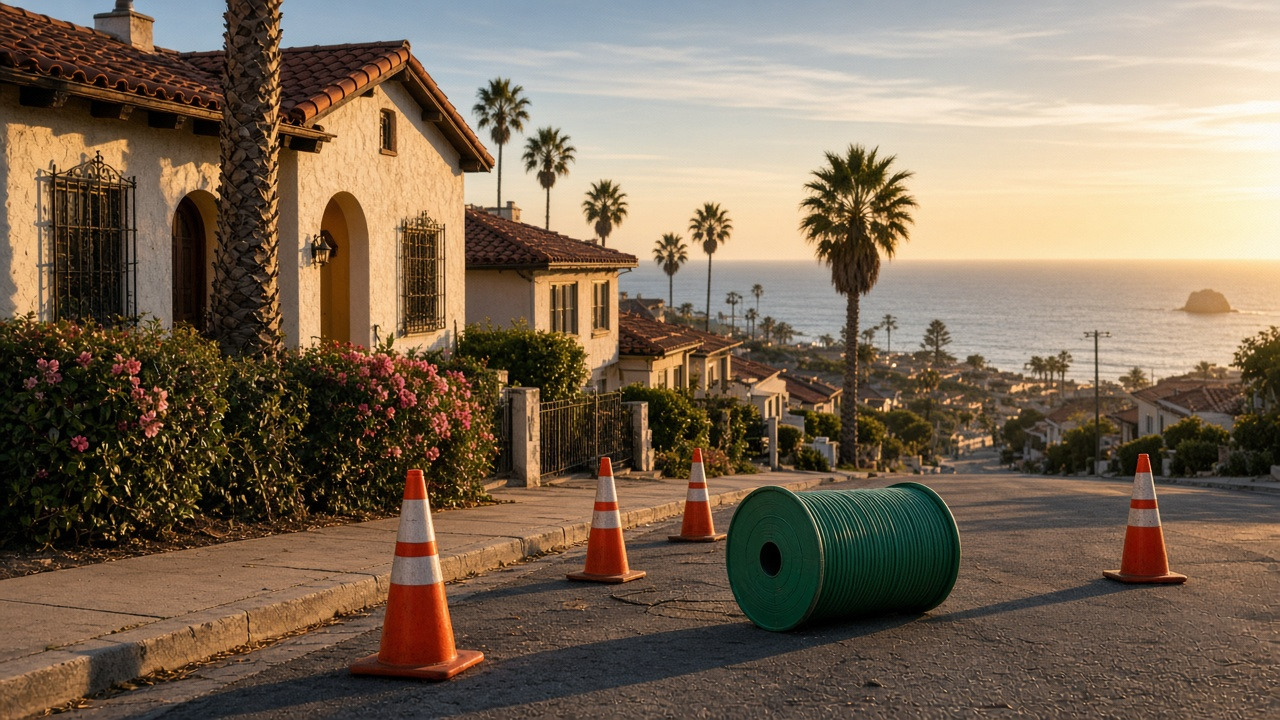 Coastal North San Diego County neighborhood at sunset with fiber conduit work