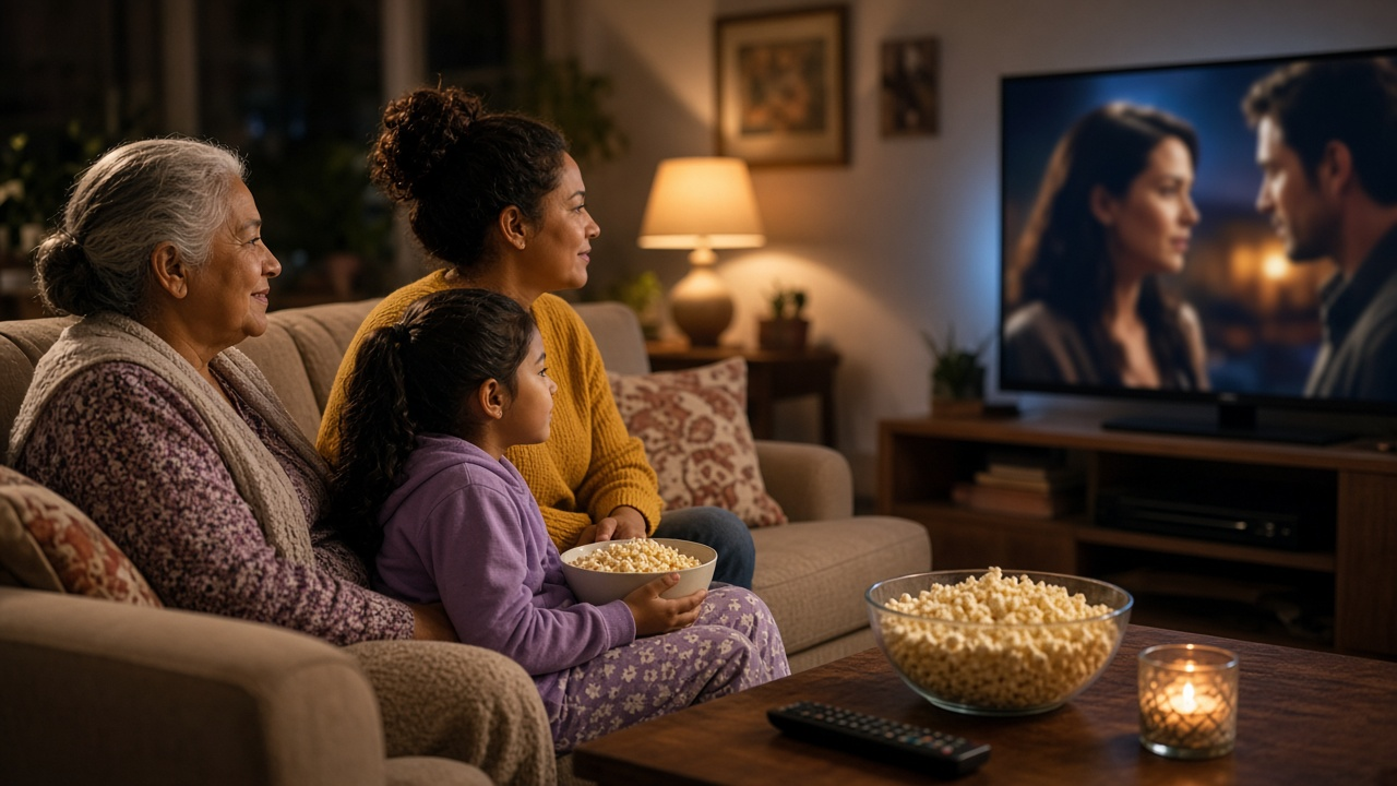 Family watching a Spanish-language drama on a living room TV at night