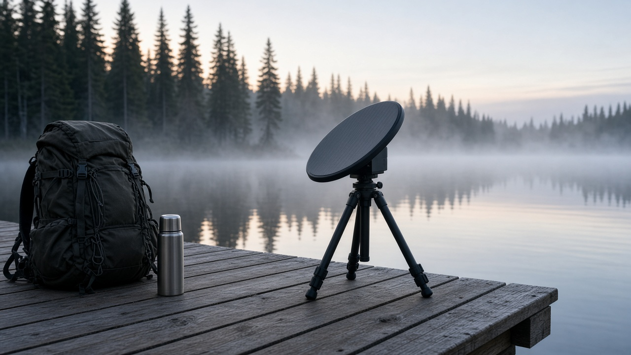 Portable satellite dish on a lakeside dock at dawn with a backpack