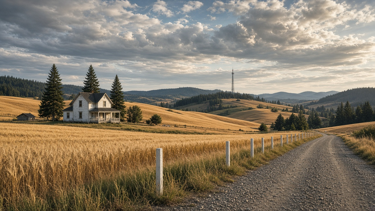 Rural Washington farmhouse under a wide sky with a fixed wireless tower on a ridge