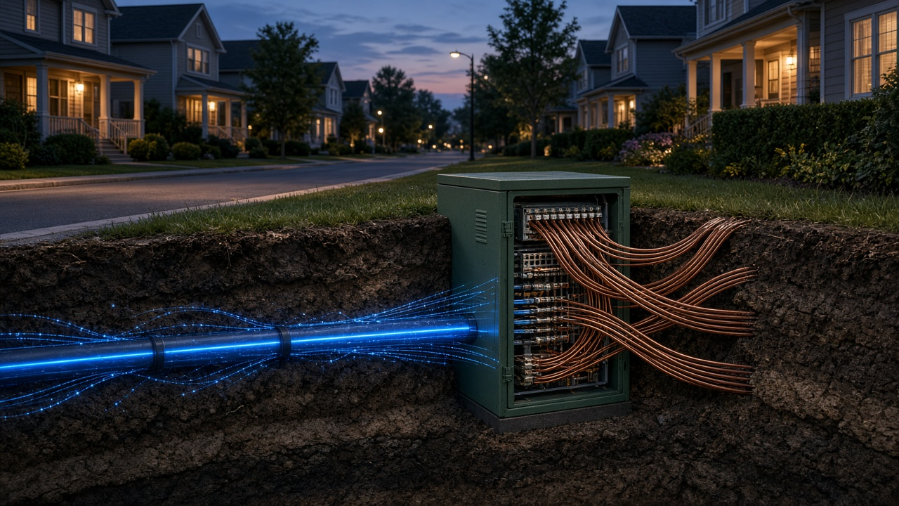 Close-up of fiber optic strands and coaxial cable meeting at a neighborhood node