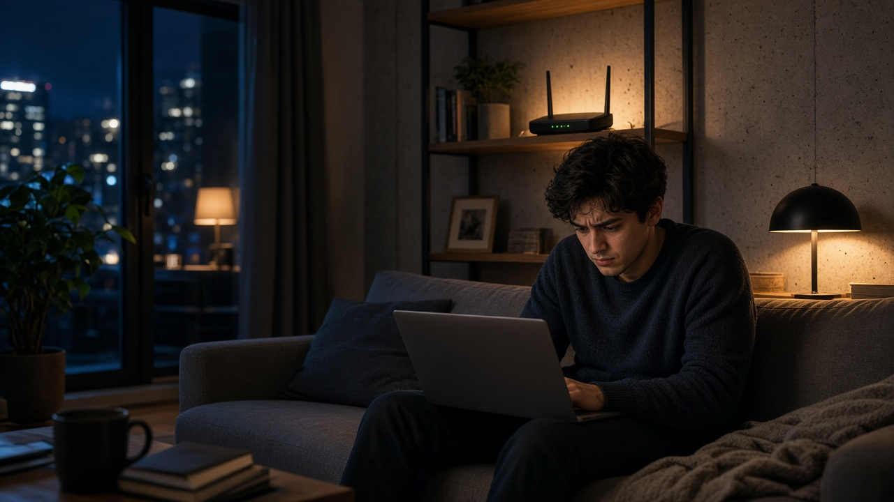 Young renter on a sofa in a city apartment with a router on a shelf